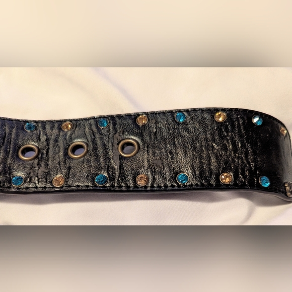 Black Leather Belt w/Colorful Glam Embellishments & Accents Blue/Green & Gold - Picture 11 of 12